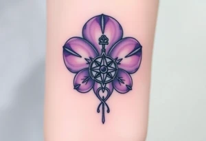 A single Violet with detailed compass at its center representing feminine power and an ankh or Celtic knot tattoo idea