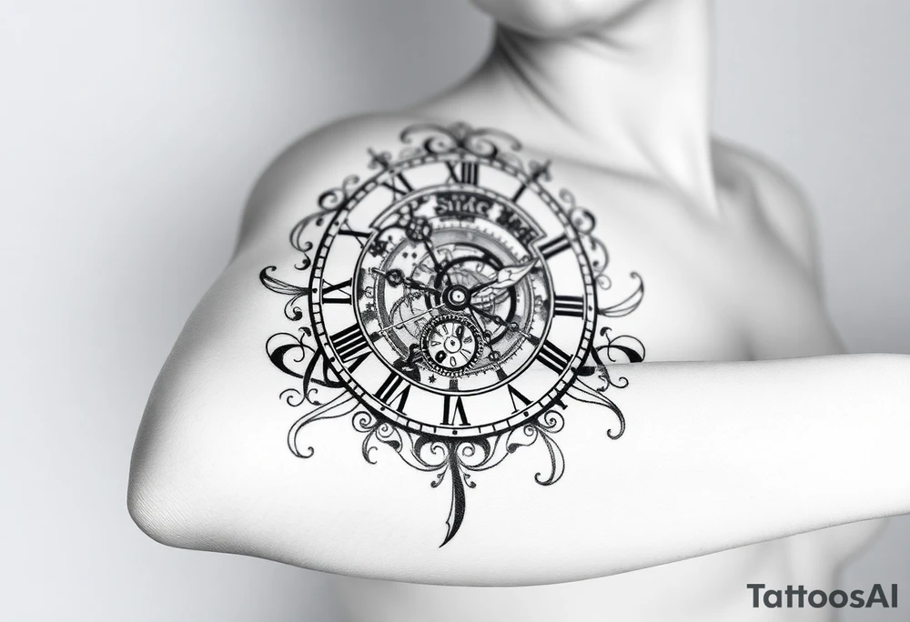 vintage roman numerals within ornate clockwork mechanism tattoo idea