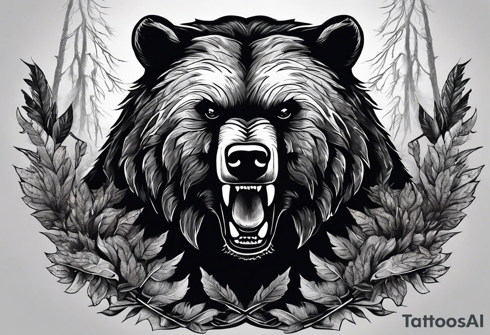 Bear growling. They are in a cloudy forest with fierce warriors. Number 14 is in the sternum tattoo idea