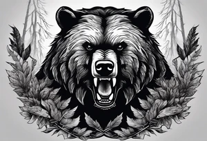 Bear growling. They are in a cloudy forest with fierce warriors. Number 14 is in the sternum tattoo idea
