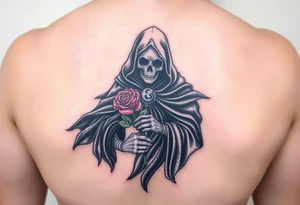 A grim reaper holding a rose, with a flowing black cloak and silver detailing, signifying love's defiance against time and mortality tattoo idea