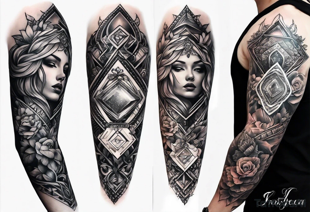 Sleeve on the forearm with a diamond in the middle tattoo idea