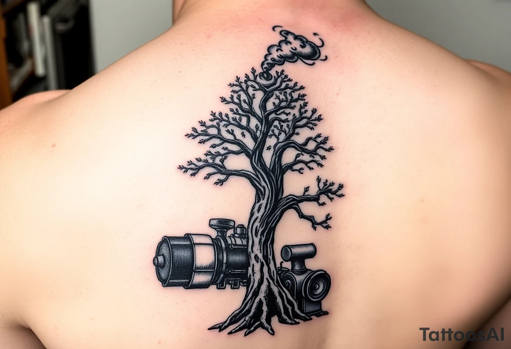 tree growing out of an engine with a smoke stack coming out of the top of the tree billowing black smoke with a steam punk vibe tattoo idea
