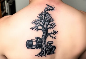 tree growing out of an engine with a smoke stack coming out of the top of the tree billowing black smoke with a steam punk vibe tattoo idea