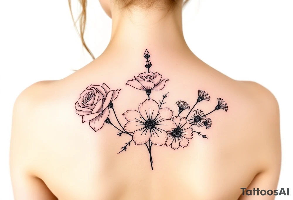 Bouquet of al these flower; Rose, carnation, lily, aster, larksper tattoo idea