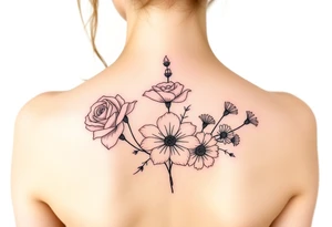 Bouquet of al these flower; Rose, carnation, lily, aster, larksper tattoo idea