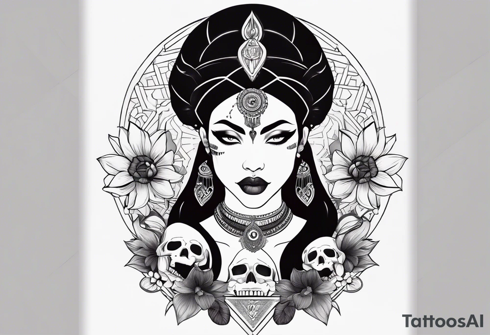 kali ma, alien goddess, valkrye, aries, pirate, divine feminine, zenza resonance, pachamama, lotus azul, blank panther, eagle, skull, 5D, nueva gaya, dna 12, left side chest tatoo tattoo idea