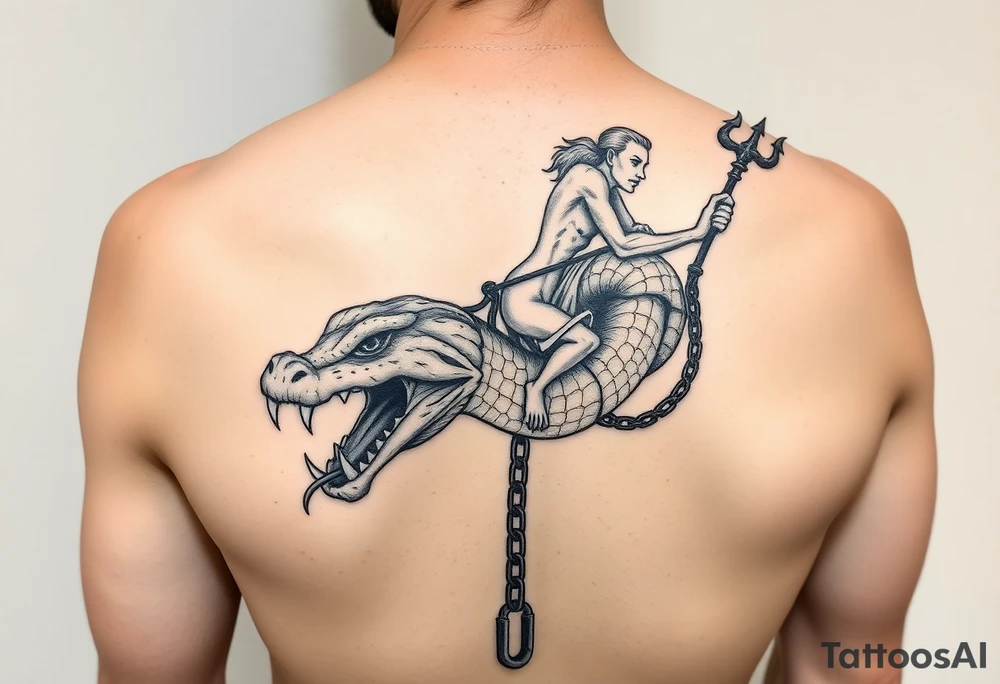 A 2 headed snake with over sized teeth and a weird guy on the back riding the snake holding to the devils trident in 1 hand and the other hand holding a chain that’s around the 2 heads of the snakes neck hanging on as if his life dependent on it tattoo idea