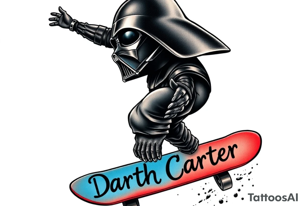 Darth Vader skateboarding >
blue & red
skateboard say "Darth Carter"
12/29/88-01/06/24 tattoo idea