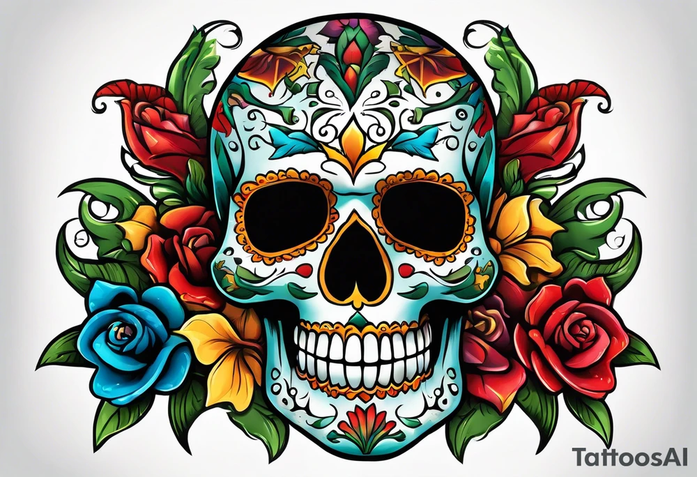Colorful Mexican skull with bats and water tattoo idea