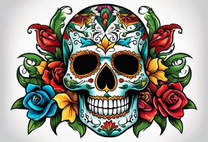 Colorful Mexican skull with bats and water tattoo idea