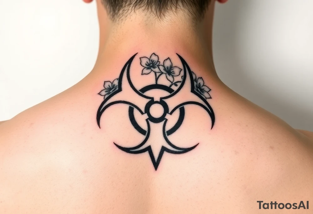 floral biohazard symbol in old school style black ink. tattoo idea
