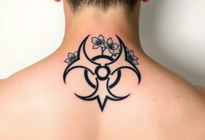 floral biohazard symbol in old school style black ink. tattoo idea