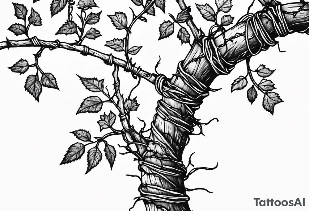 poison oak vines wrapped around barbed wire in a straight line tattoo idea