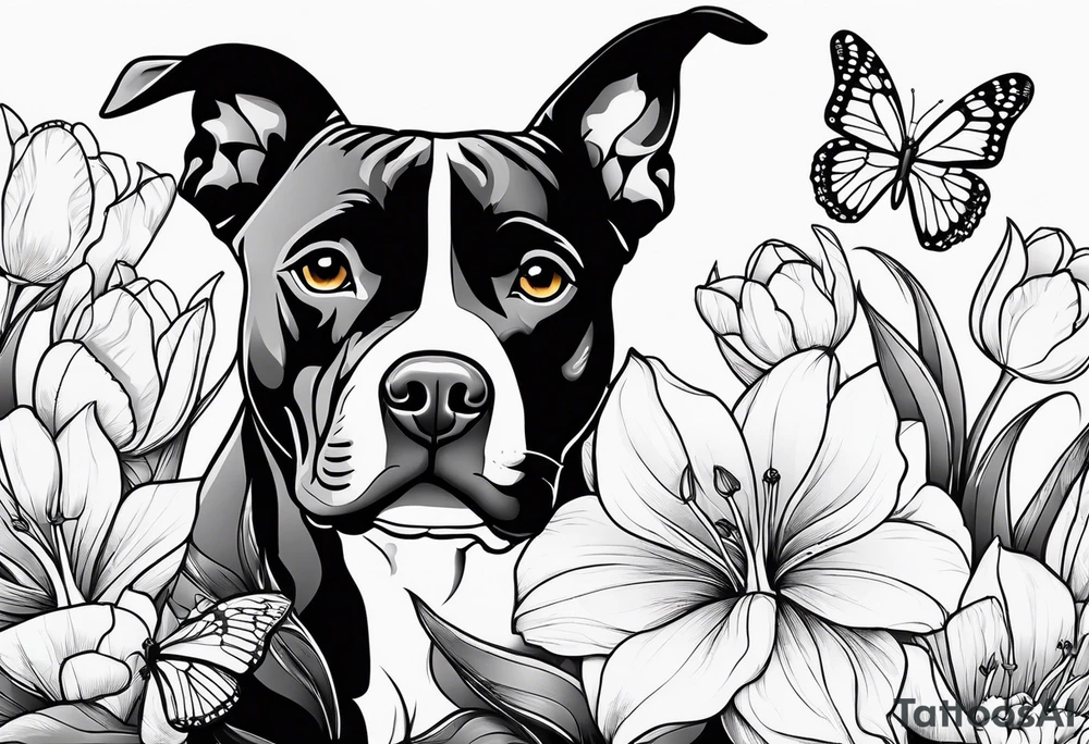 american black pitbull with floral backgrounds and tulips with a butterfly and an amstaff dog. tattoo idea