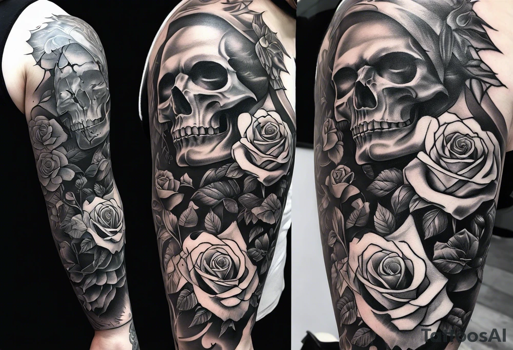 tattoo fool sleeve, old broken gothic home, broken sword, roses tattoo idea