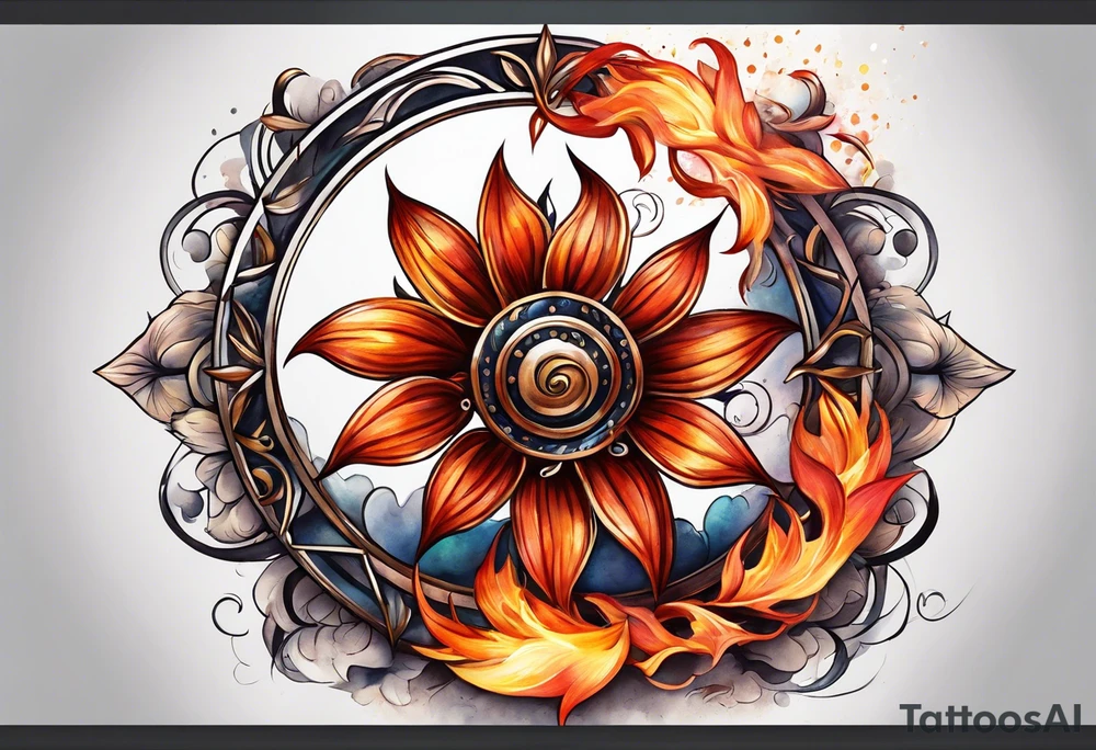 A fire wheel flower with the name Valor in the stem tattoo idea