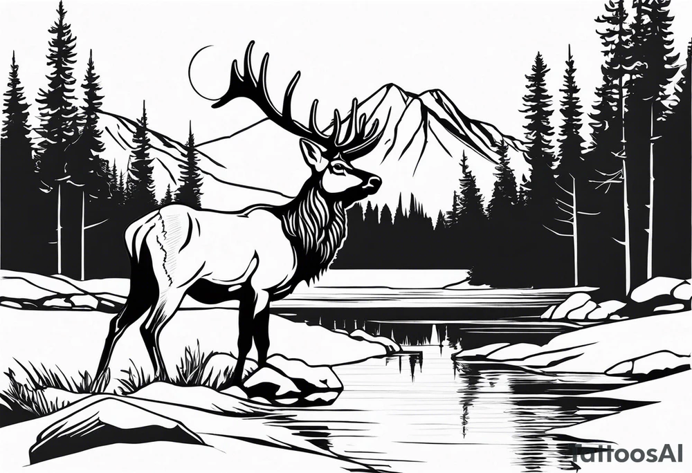 majestic elk near a lake, with mountains in the background tattoo idea
