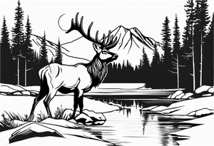 majestic elk near a lake, with mountains in the background tattoo idea