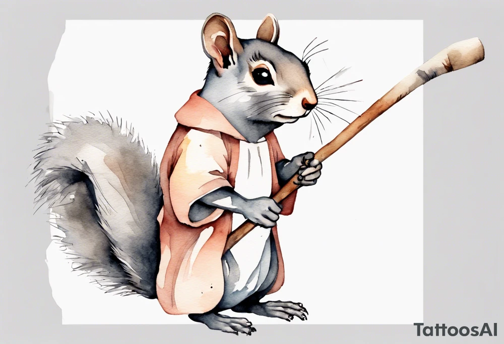 a sad grey squirrel dressed in a tunic holding a large white stick tattoo idea