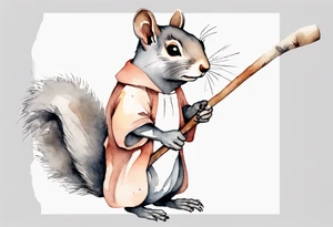 a sad grey squirrel dressed in a tunic holding a large white stick tattoo idea