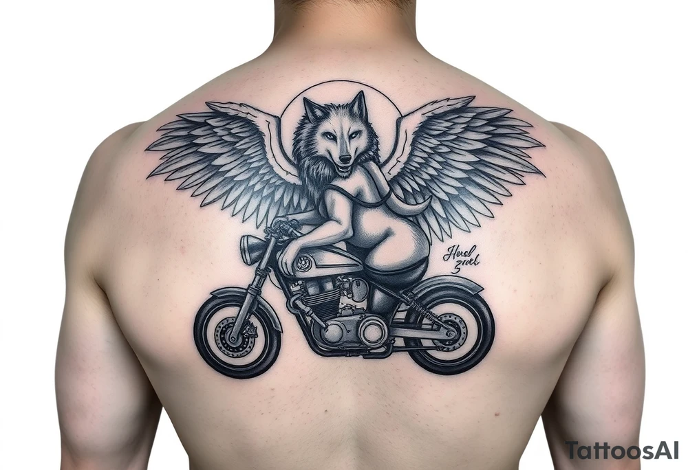 guardian angel wolf on a motorcycle tattoo idea