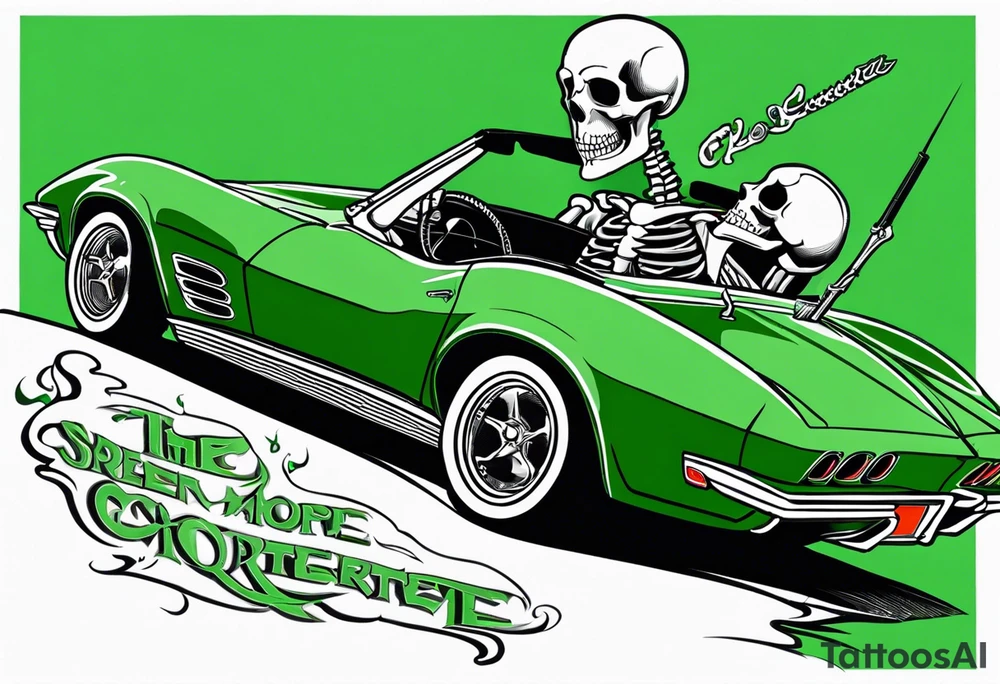 Skeleton smoking a cigarette driving a green 1976 convertible Corvette tattoo idea