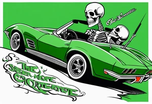 Skeleton smoking a cigarette driving a green 1976 convertible Corvette tattoo idea