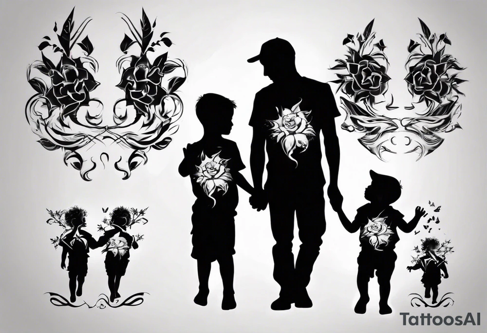 Dad and two kids silhouette tattoo idea