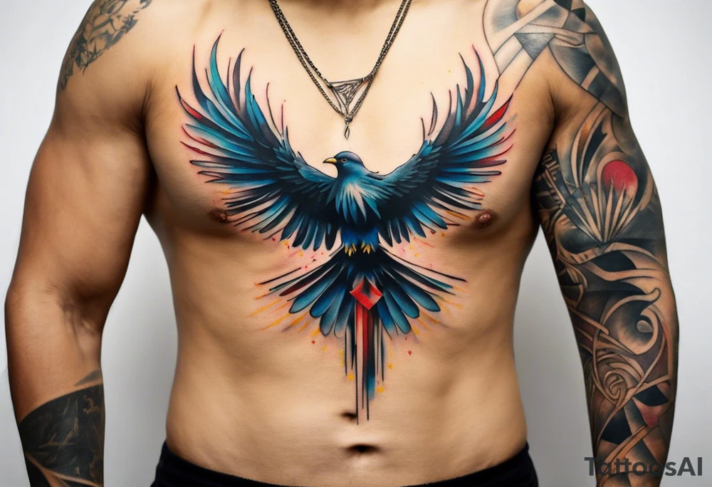 Wide tattoo that appears to be bursting out of the skin, symbolizing freedom. The tattoo should be vibrant and dynamic, with bold lines and colors that evoke a sense of liberation and empowerment. Consider incorporating elements such as birds in flight, broken chains, or other symbols of freedom. The tattoo should be visually striking and thought-provoking, inviting the viewer to reflect on the importance of personal freedom. tattoo idea