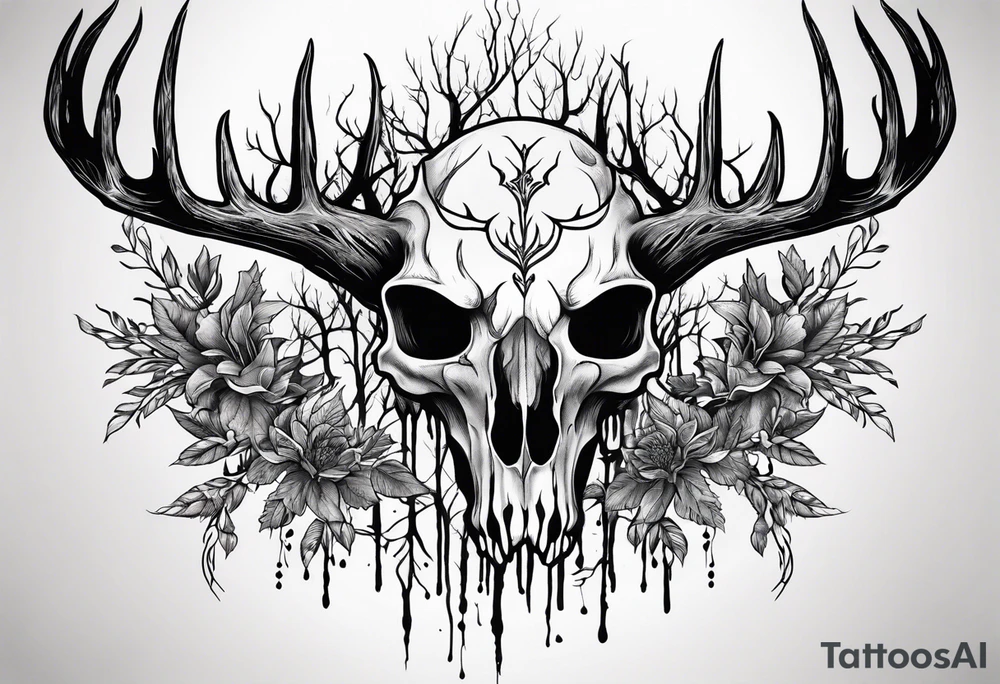 A scary decayed deer skull head human body with flames and trees tattoo idea