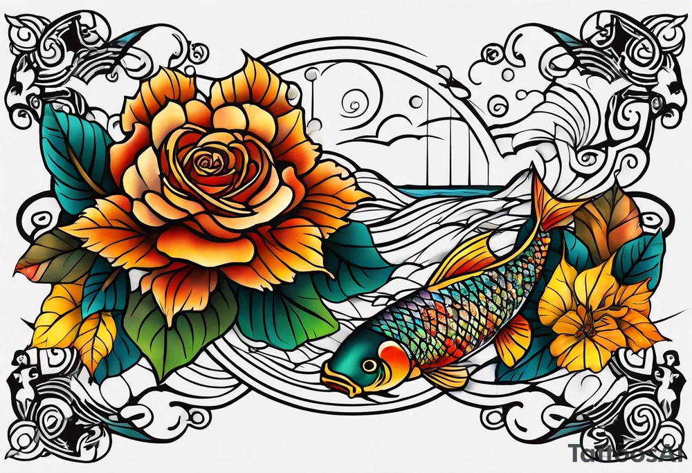 thigh tattoo with fall colors showing, leaves, koi fish, small flowers, roses, water flow, and sky tattoo idea