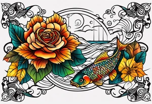 thigh tattoo with fall colors showing, leaves, koi fish, small flowers, roses, water flow, and sky tattoo idea