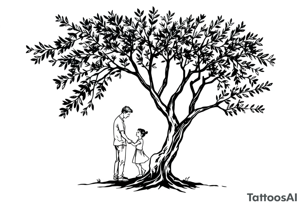 A big olive tree with a child and his parents picking it tattoo idea