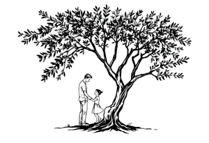 A big olive tree with a child and his parents picking it tattoo idea