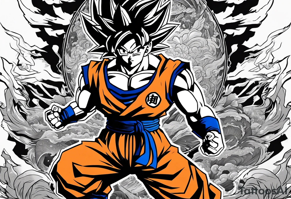 Son-Goku as a super saiyajin . A huge dragonball surrounds the whole scenery. Silhouettes of Gokus friends are surrounding him. tattoo idea