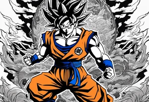 Son-Goku as a super saiyajin . A huge dragonball surrounds the whole scenery. Silhouettes of Gokus friends are surrounding him. tattoo idea