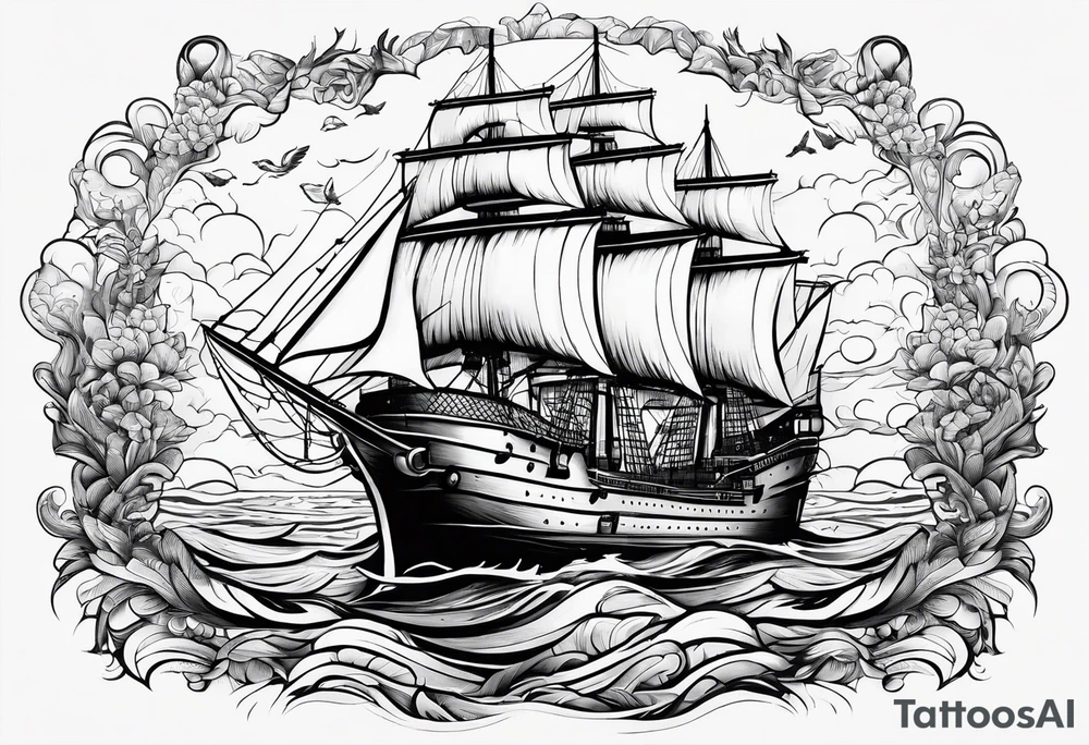 huge ship in the sea with sun on the sky and birds
without many details tattoo idea