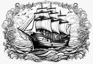 huge ship in the sea with sun on the sky and birds
without many details tattoo idea