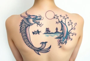 Dragon, coi fish, cherry blossom tree, ying yang, light house, landscape, water tattoo idea