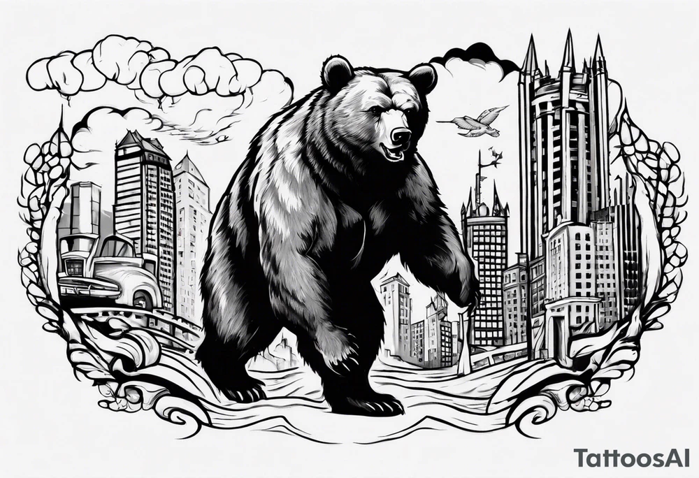 Serious bear coming up behind a city tattoo idea