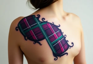 Breasts

Dark Purple with green pink blue and white highlights tartan fabric with skin around edges peeling and wrapping around side of shoulder tattoo idea