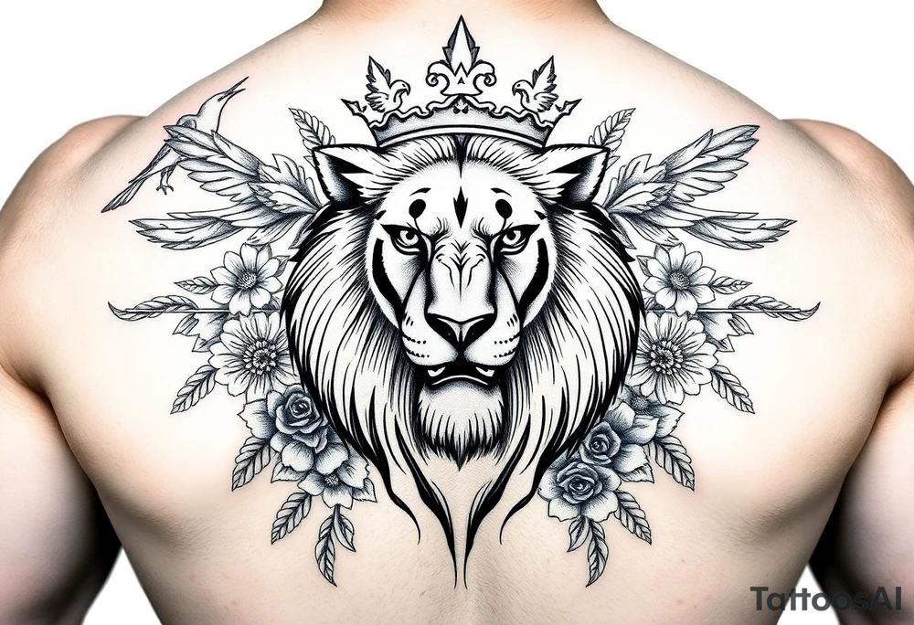 powerful majestic lion with a crown, surrounded by floral ornaments and birds tattoo idea