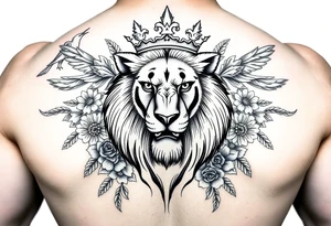 powerful majestic lion with a crown, surrounded by floral ornaments and birds tattoo idea