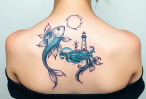 Coi fish , ying yang, light house, landscape, water , sun, moon tattoo idea