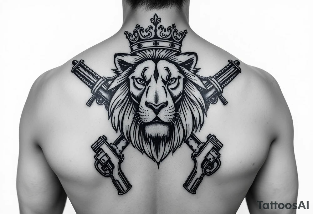 lion with a crown, surrounded guns tattoo idea