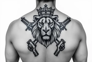 lion with a crown, surrounded guns tattoo idea
