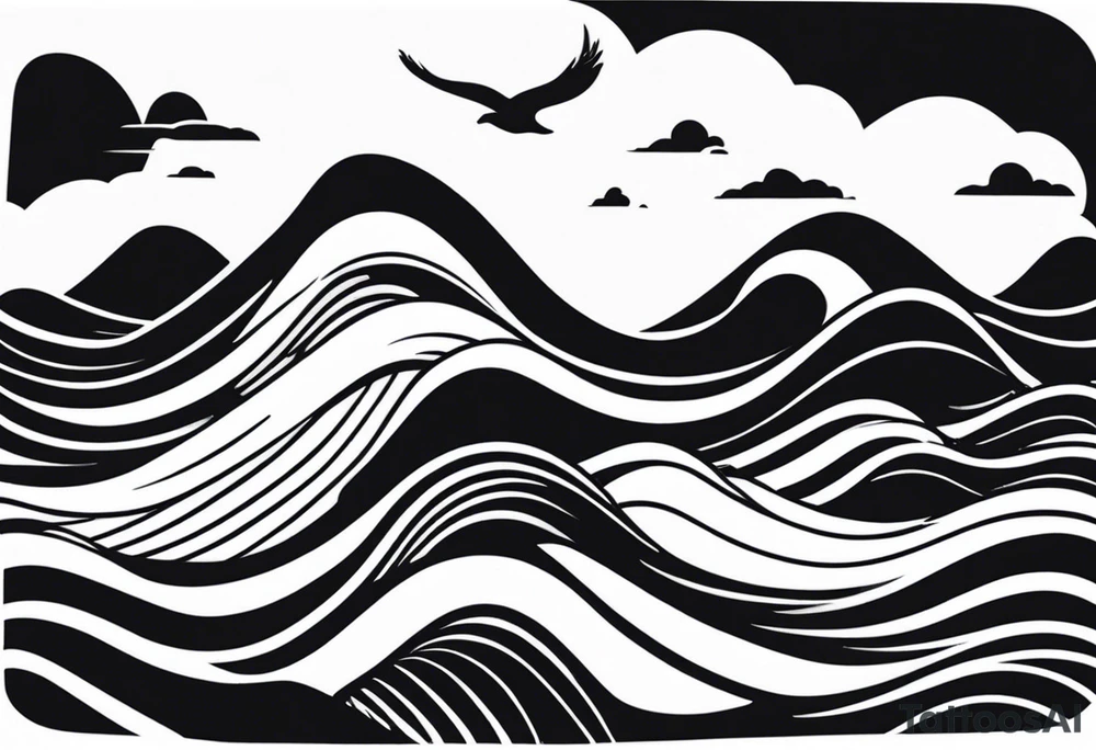 Waves and beach in black and White, INSIDE a shape of a bodyboard tattoo idea