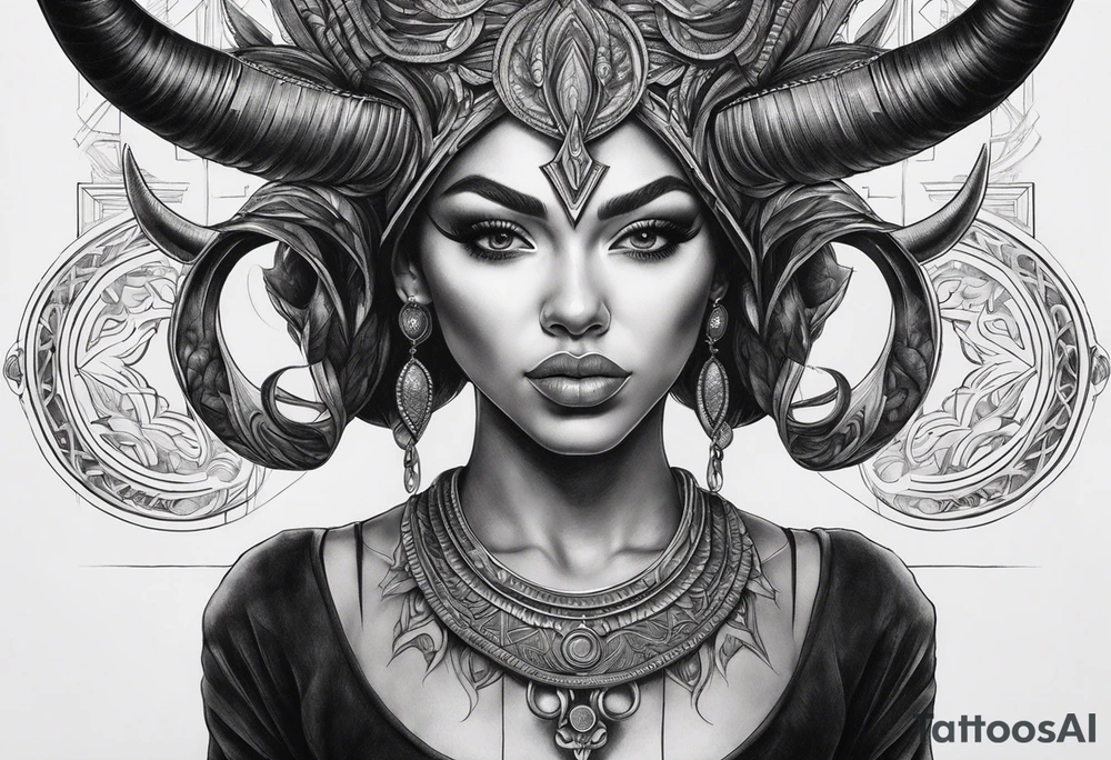 symmetrical woman head with curved horns facing downwards dark realism looking front facing view, ultra-detailed, high quality, high sharpness, hyper-realism, hyper-photorealistic, hyper-realistic tattoo idea