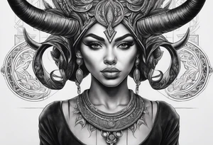 symmetrical woman head with curved horns facing downwards dark realism looking front facing view, ultra-detailed, high quality, high sharpness, hyper-realism, hyper-photorealistic, hyper-realistic tattoo idea